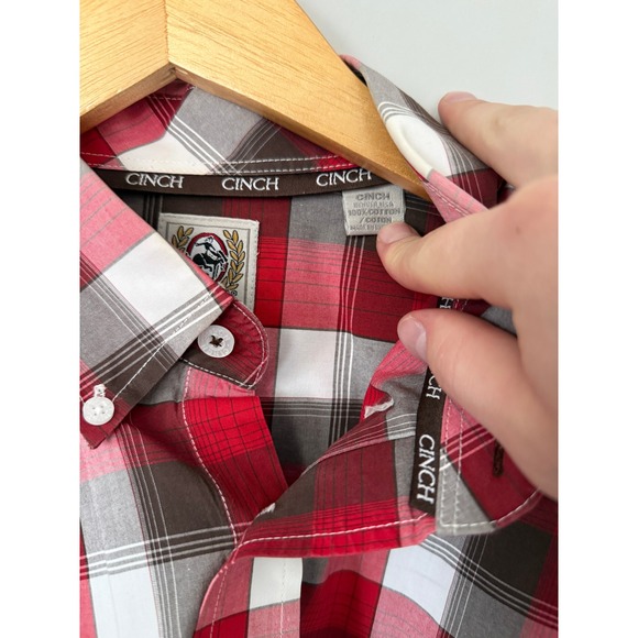 Cinch Mens Plaid Button Down Long Sleeve Shirt Red Brown White Size Medium - Picture 5 of 9